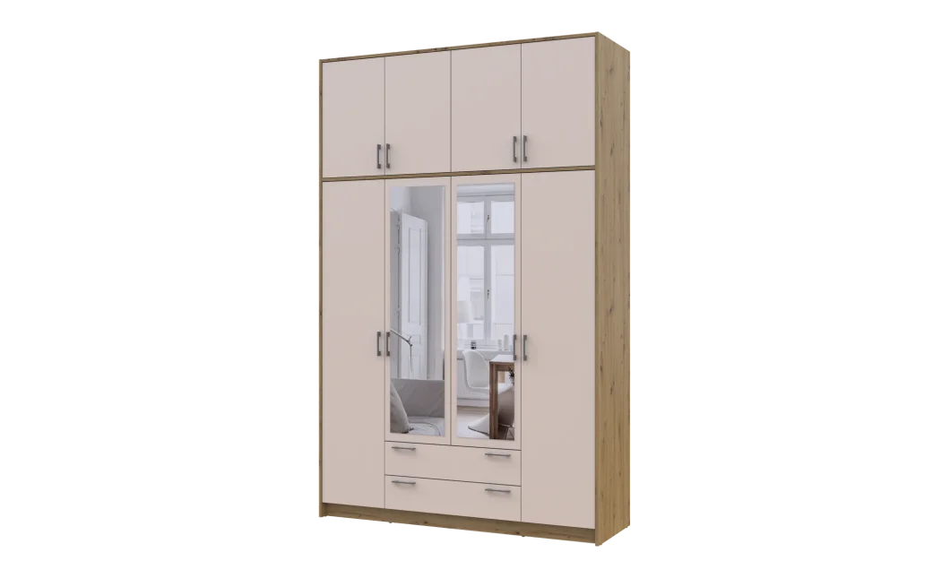 Šatní skříň Doros Rondy s vysokou antresolou a zrcadlem Dub Artisan/Kašmír 4 dvere 160×52×260 (42005197)