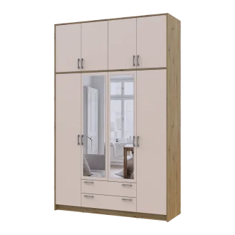 Šatní skříň Doros Rondy s vysokou antresolou a zrcadlem Dub Artisan/Kašmír 4 dvere 160×52×260 (42005197)