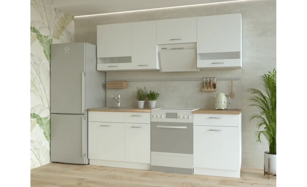 Kuchyně Doros Lea Bílá hladká / Sonoma DTD / skleněné vložky 220×60×250 (80359337)