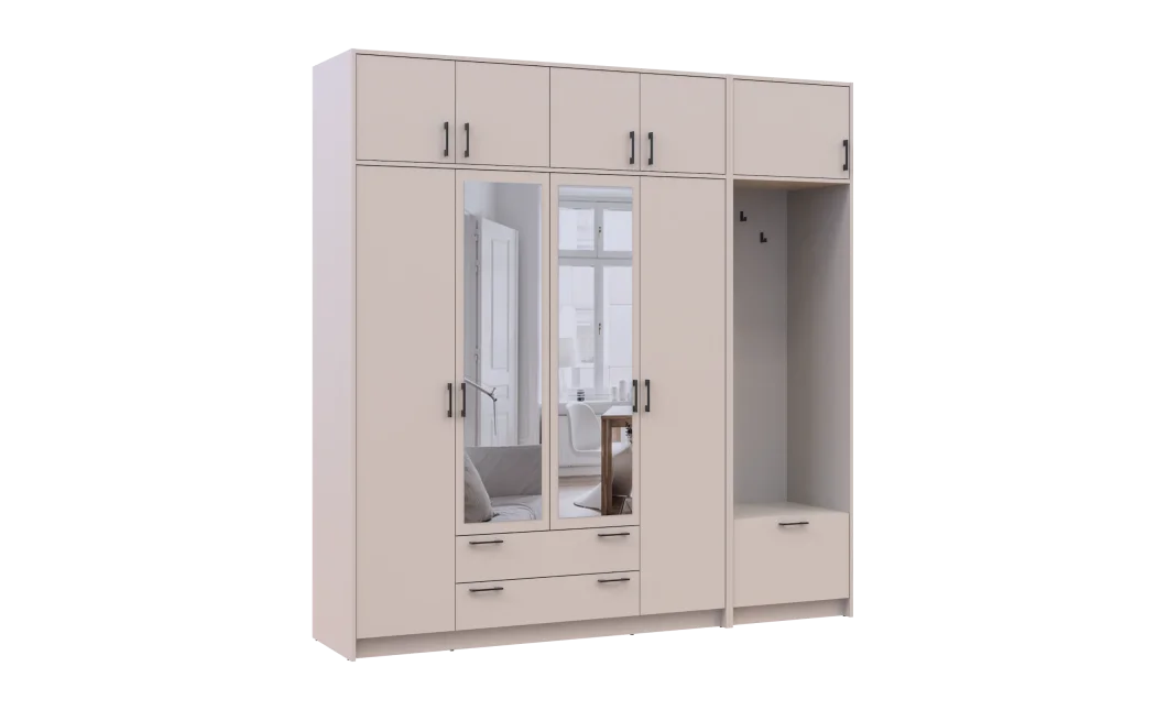 Šatní skříň Doros Rondi s věšákem, zrcadlem a nástavcem Kašmír 4 dvere 220x52x236 (42005405)