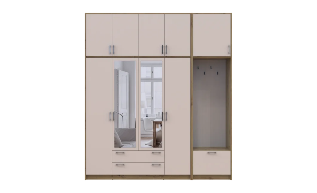 Šatní skříň Doros Rondi s věšákem, zrcadlem a vysokým nástavcem Dub Artisan / Kašmír, 4 dvere 220×52×260 (42005302)