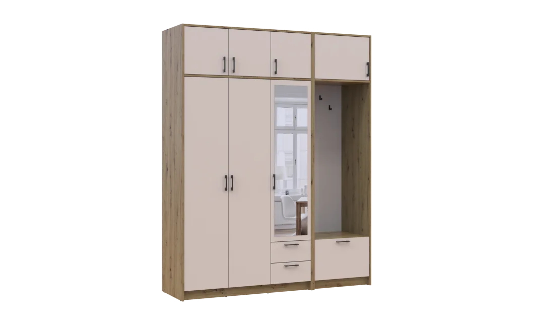Šatní skříň Doros Rondi s věšákem, zrcadlem a nástavcem Dub Artisan / Kašmír, 3 dvere 181×52×236 (42005286)