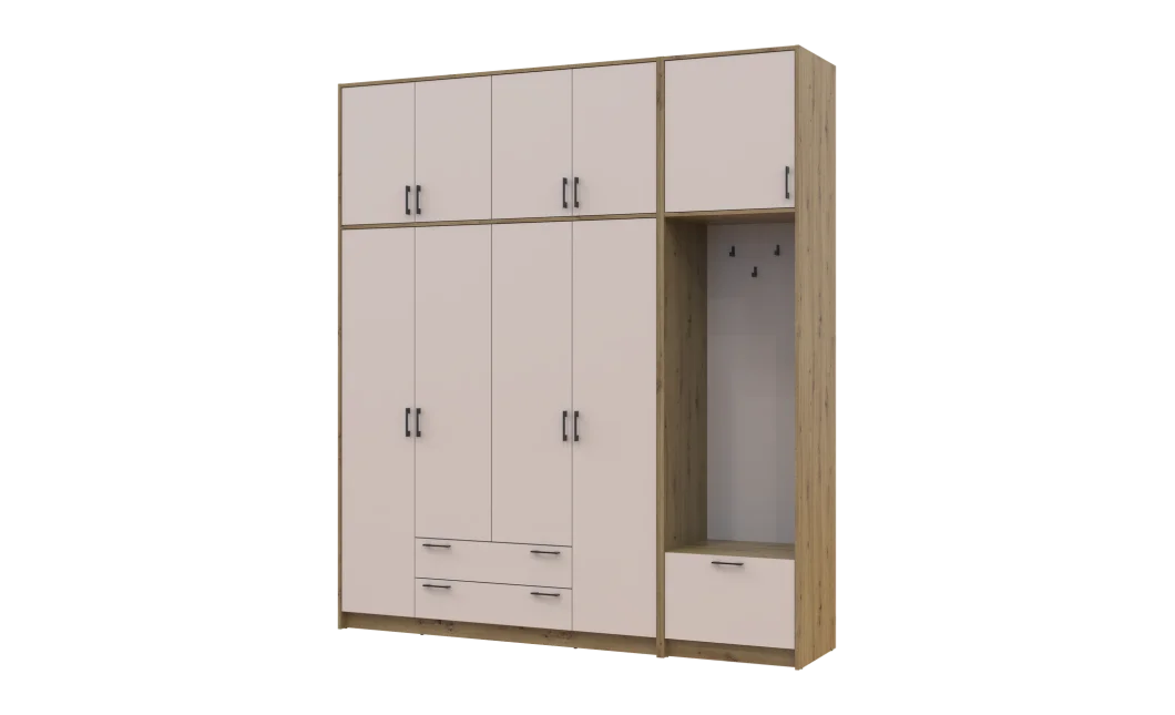 Šatní skříň Doros Rondi s věšákem a vysokým nástavcem Dub Artisan / Kašmír, 4 dvere 220×52×260 (42005300)