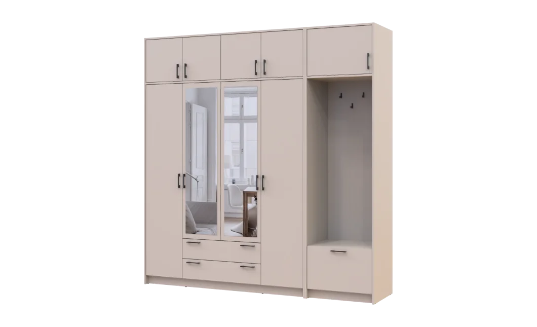 Šatní skříň Doros Rondi s věšákem, zrcadlem a nástavcem Kašmír 4 dvere 220x52x236 (42005405)