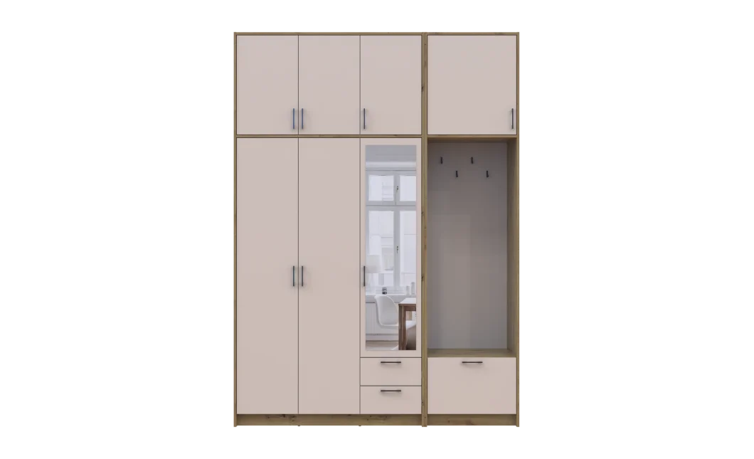 Šatní skříň Doros Rondi s věšákem, zrcadlem a vysokým nástavcem Dub Artisan / Kašmír, 3 dvere 181×52×260 (42005290)