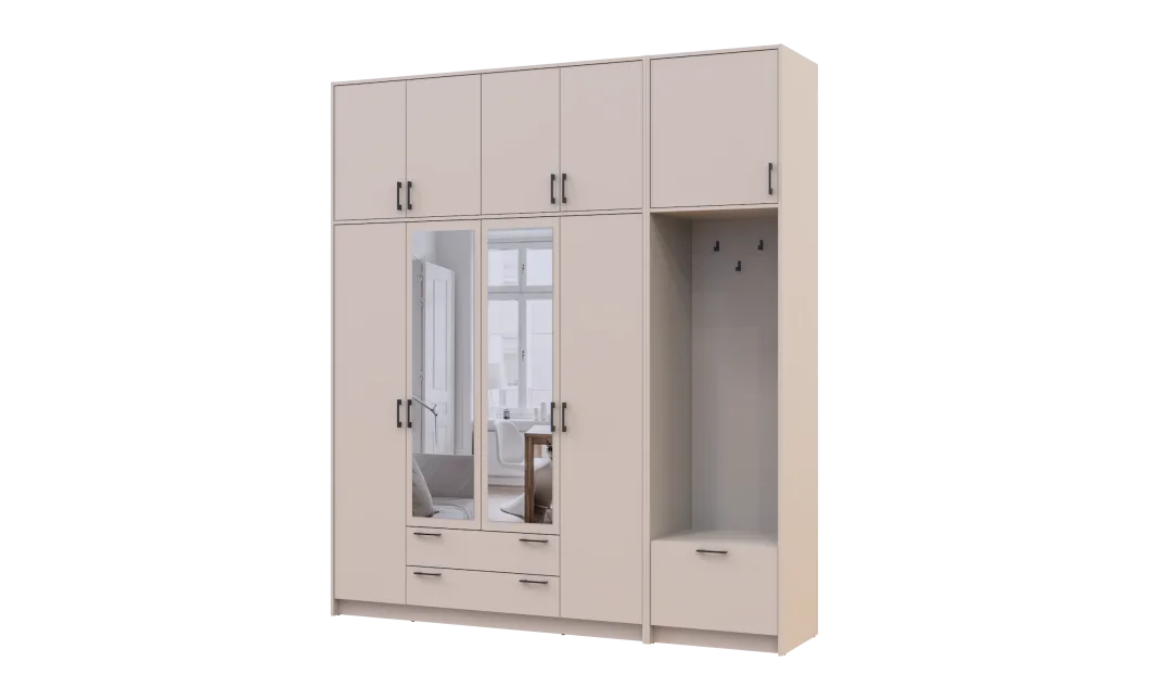 Šatní skříň Doros Rondi s věšákem, zrcadlem a vysokým nástavcem Kašmír 4 dvere 220x52x260 (42005408)