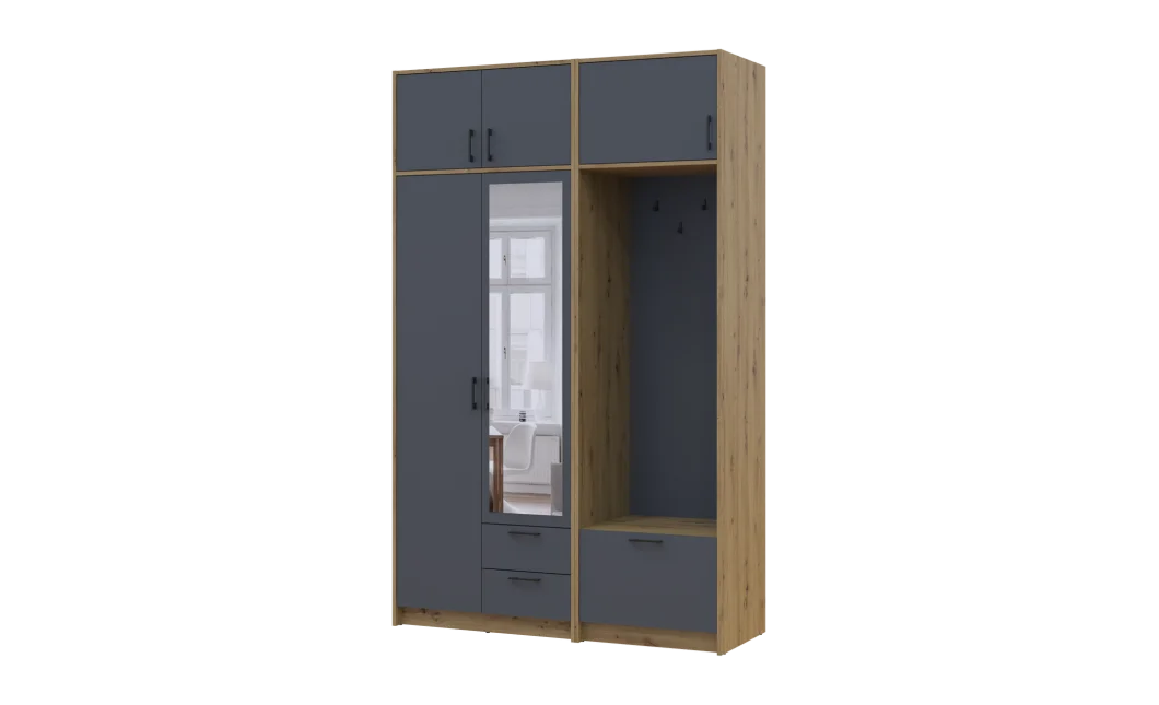 Šatní skříň Doros Rondi s věšákem, zrcadlem a nástavcem Dub Artisan / Grafit, 2 dvere 142×52×236 (42005275)
