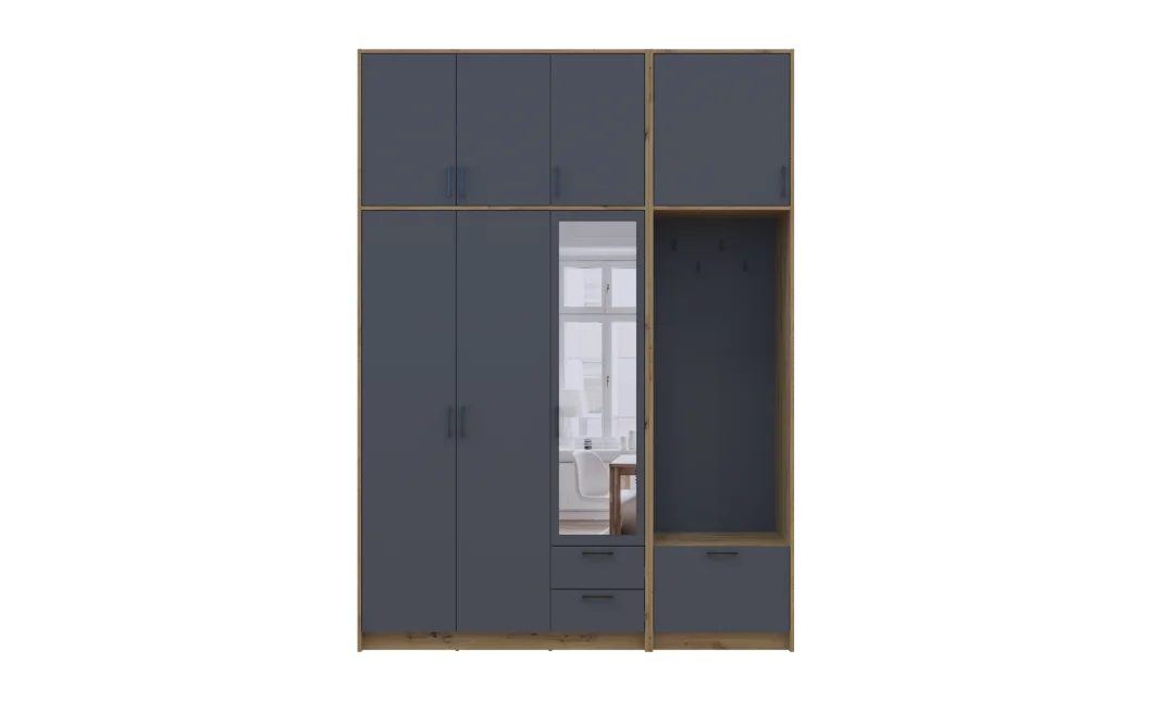 Šatní skříň Doros Rondi s věšákem, zrcadlem a vysokým nástavcem Dub Artisan / Grafit, 3 dvere 181×52×260 (42005291)