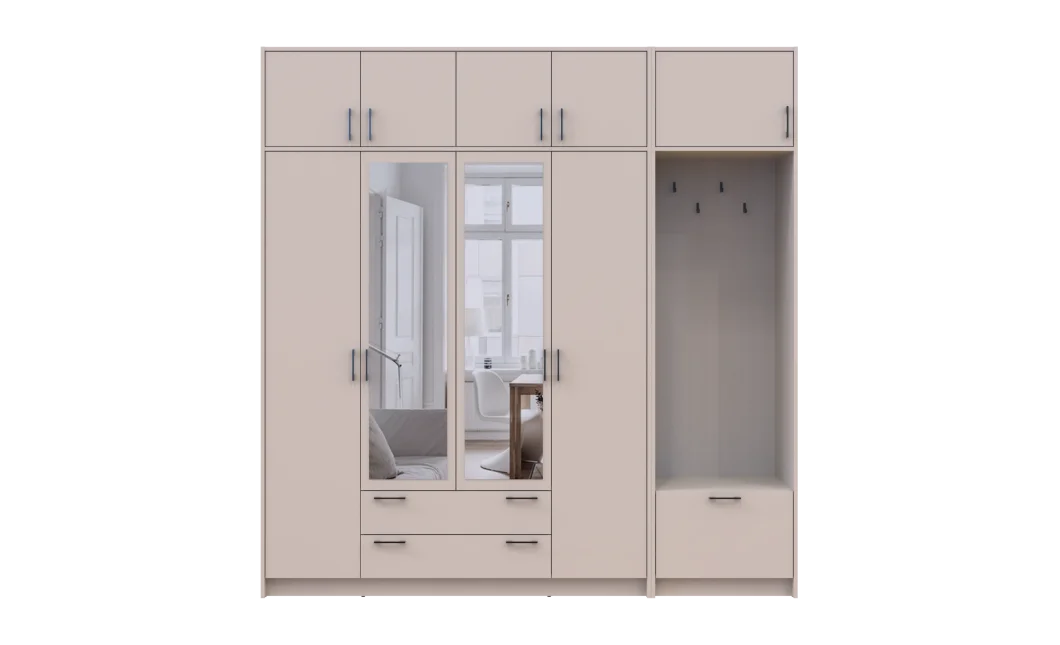 Šatní skříň Doros Rondi s věšákem, zrcadlem a nástavcem Kašmír 4 dvere 220x52x236 (42005405)