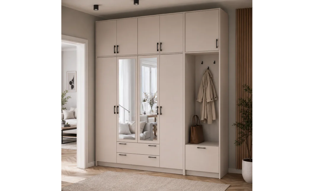 Šatní skříň Doros Rondi s věšákem, zrcadlem a vysokým nástavcem Kašmír 4 dvere 220x52x260 (42005408)
