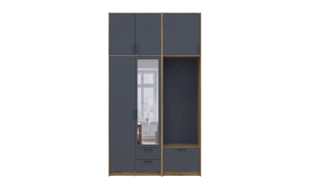 Šatní skříň Doros Rondi s věšákem, zrcadlem a vysokým nástavcem Dub Artisan / Grafit, 2 dvere 142×52×260 (42005279)