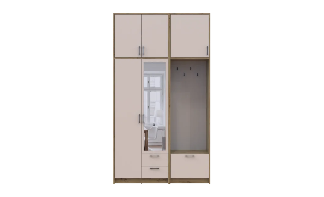 Šatní skříň Doros Rondi s věšákem, zrcadlem a vysokým nástavcem Dub Artisan / Kašmír, 2 dvere 142×52×260 (42005278)
