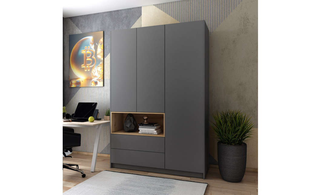 Skříň na oblečení s nikou Doros Dale Antracit/Dub Evok 3 dveře 150 × 52 × 220 (44900526)