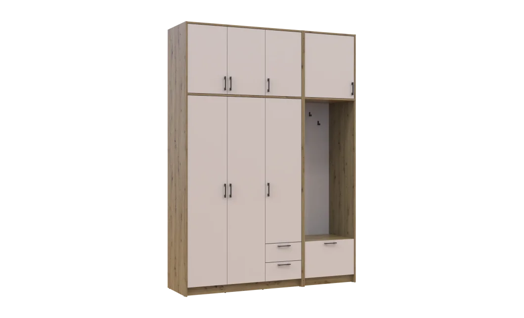 Šatní skříň Doros Rondi s věšákem a vysokým nástavcem Dub Artisan / Kašmír, 3 dvere 181×52×260 (42005288)