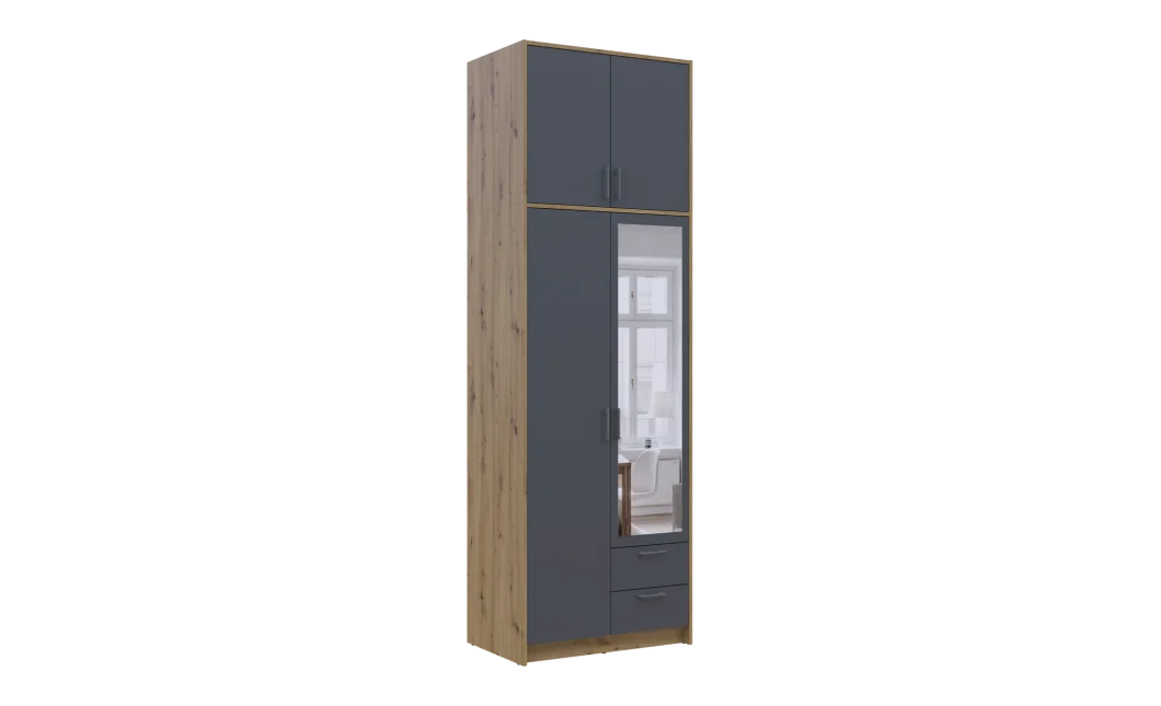 Šatní skříň Doros Rondy s vysokou antresolou a zrcadlem Dub Artisan/Grafit 2 dvere 82×52×260 (42005189)