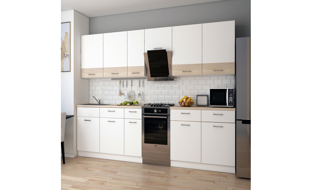 Kuchyně Lea Doros 3,4 m Bílá/Dub Sonoma DTD 340×60×250 (81000007)