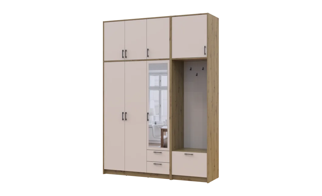 Šatní skříň Doros Rondi s věšákem, zrcadlem a vysokým nástavcem Dub Artisan / Kašmír, 3 dvere 181×52×260 (42005290)