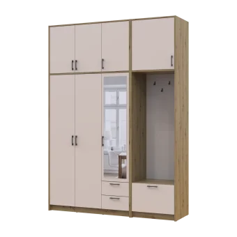 Šatní skříň Doros Rondi s věšákem, zrcadlem a vysokým nástavcem Dub Artisan / Kašmír, 3 dvere 181×52×260 (42005290)
