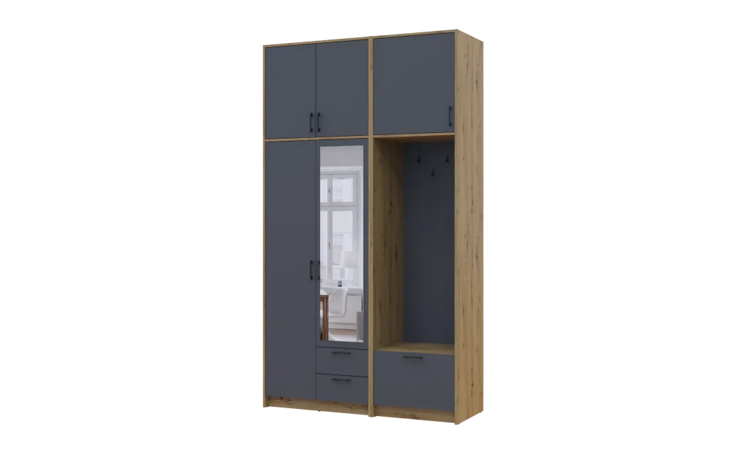 Šatní skříň Doros Rondi s věšákem, zrcadlem a vysokým nástavcem Dub Artisan / Grafit, 2 dvere 142×52×260 (42005279)