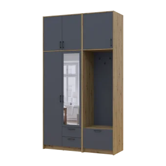 Šatní skříň Doros Rondi s věšákem, zrcadlem a vysokým nástavcem Dub Artisan / Grafit, 2 dvere 142×52×260 (42005279)