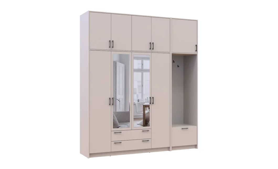 Šatní skříň Doros Rondi s věšákem, zrcadlem a vysokým nástavcem Kašmír 4 dvere 220x52x260 (42005408)