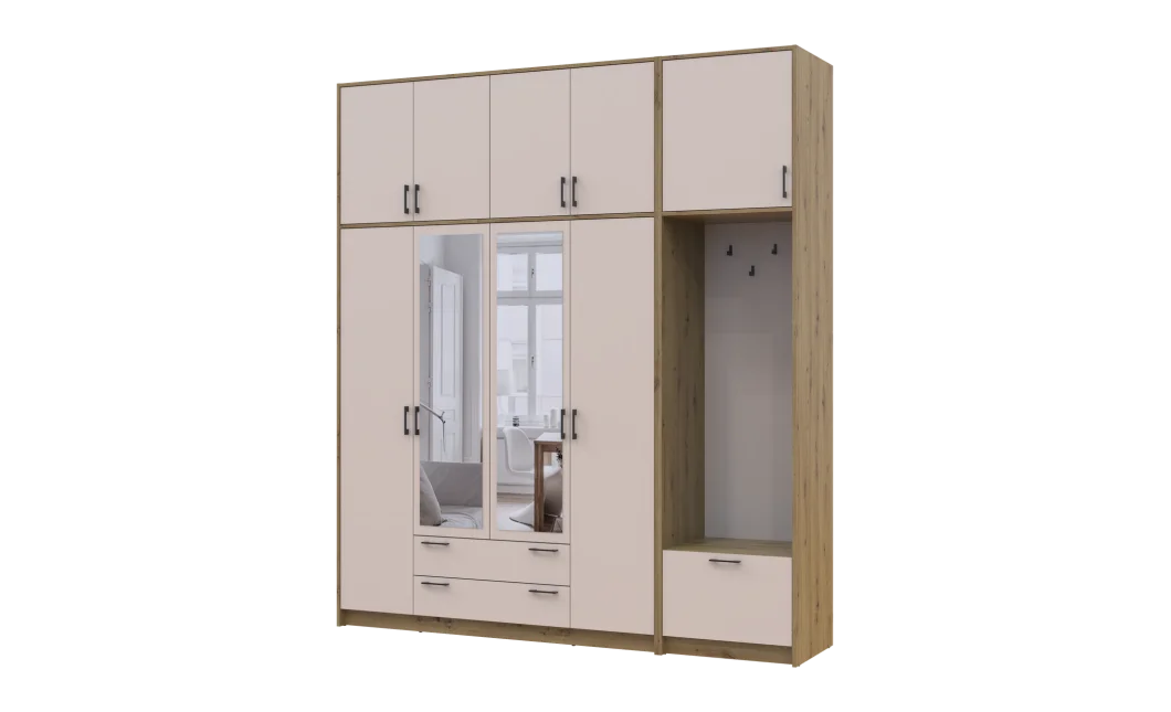 Šatní skříň Doros Rondi s věšákem, zrcadlem a vysokým nástavcem Dub Artisan / Kašmír, 4 dvere 220×52×260 (42005302)