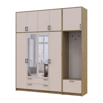 Šatní skříň Doros Rondi s věšákem, zrcadlem a vysokým nástavcem Dub Artisan / Kašmír, 4 dvere 220×52×260 (42005302)