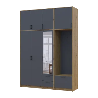 Šatní skříň Doros Rondi s věšákem, zrcadlem a vysokým nástavcem Dub Artisan / Grafit, 3 dvere 181×52×260 (42005291)