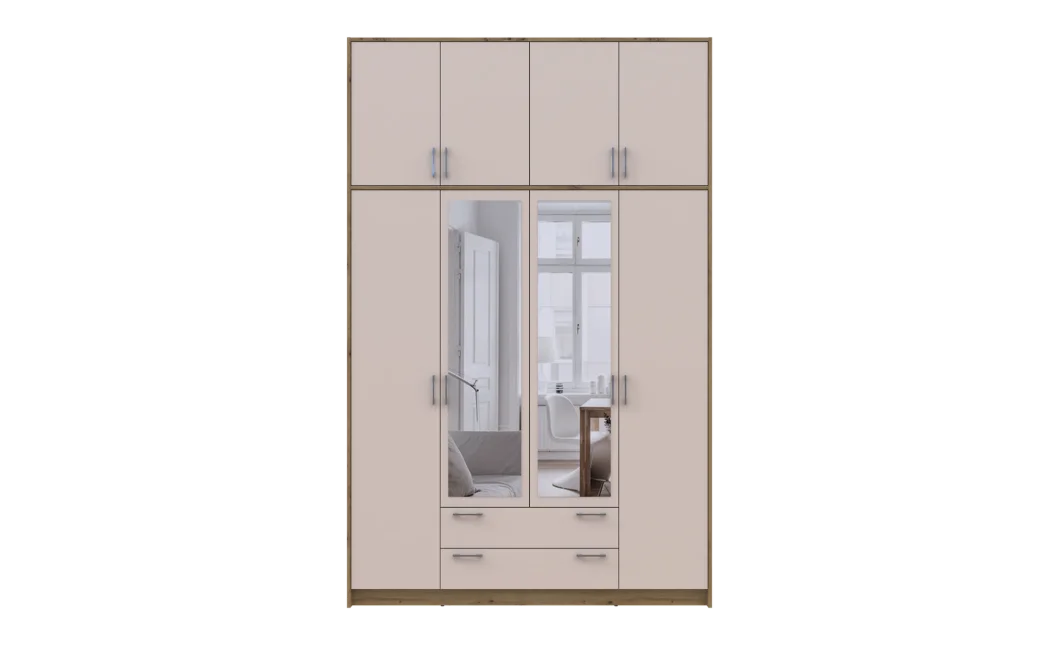 Šatní skříň Doros Rondy s vysokou antresolou a zrcadlem Dub Artisan/Kašmír 4 dvere 160×52×260 (42005197)