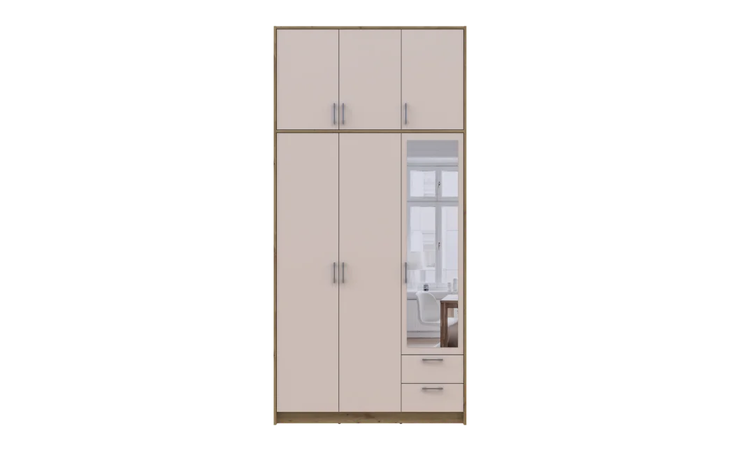 Šatní skříň Doros Rondy s vysokou antresolou a zrcadlem Dub Artisan/Kašmír 3 dvere 121×52×260 (42005196)