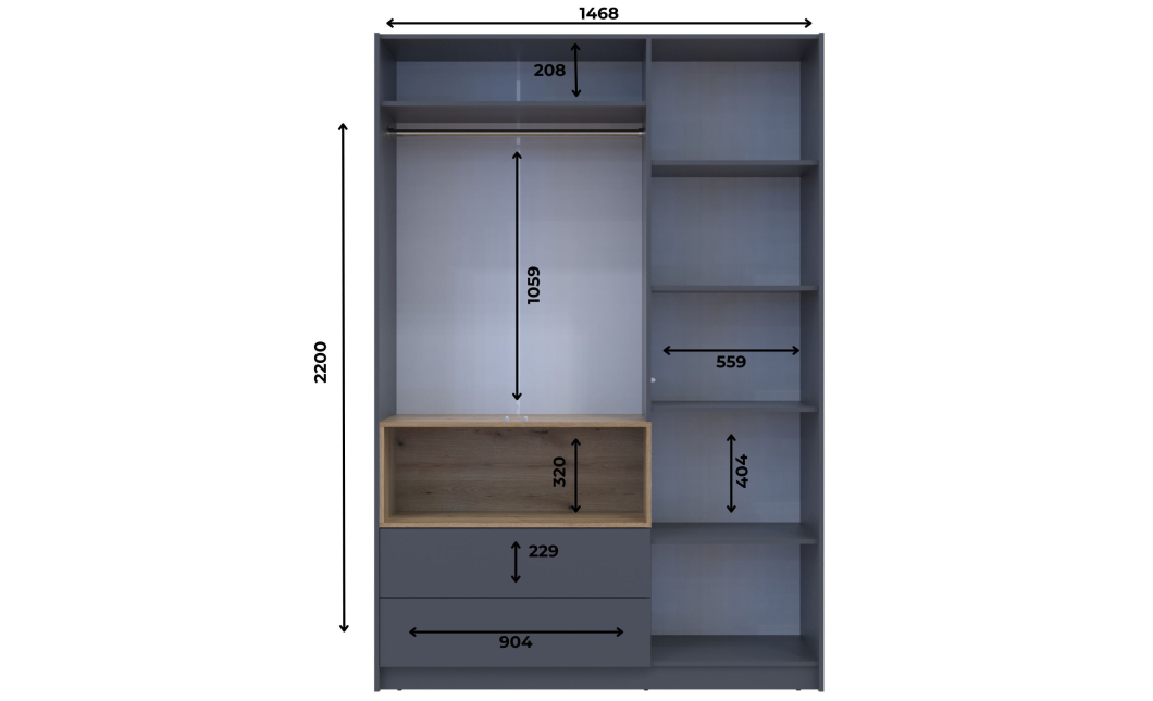 Skříň na oblečení s nikou Doros Dale Antracit/Dub Evok 3 dveře 150 × 52 × 220 (44900526)