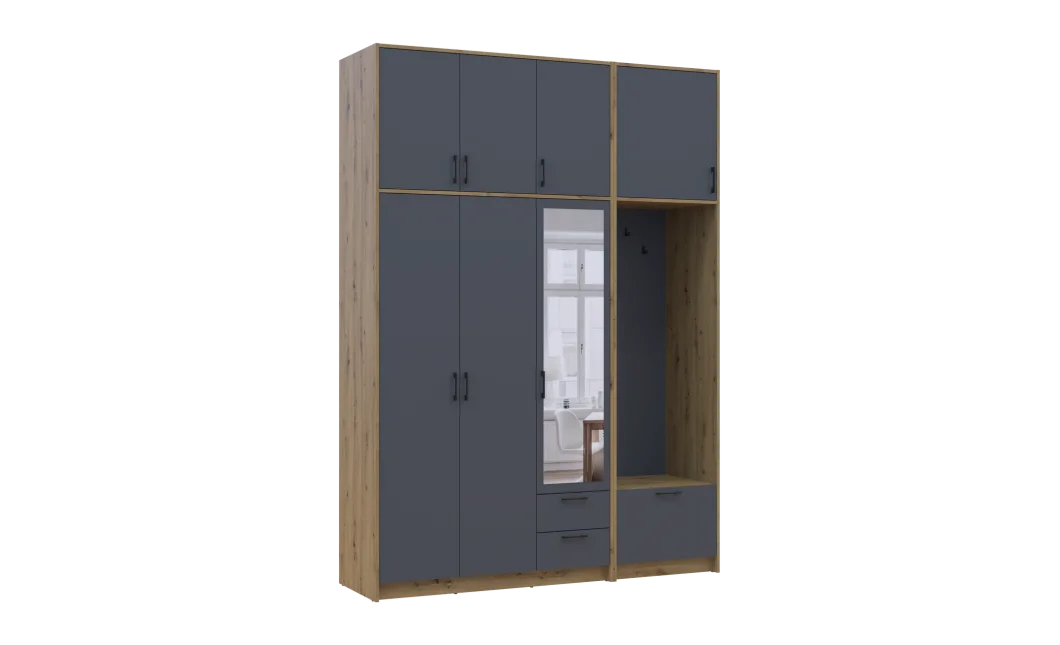 Šatní skříň Doros Rondi s věšákem, zrcadlem a vysokým nástavcem Dub Artisan / Grafit, 3 dvere 181×52×260 (42005291)