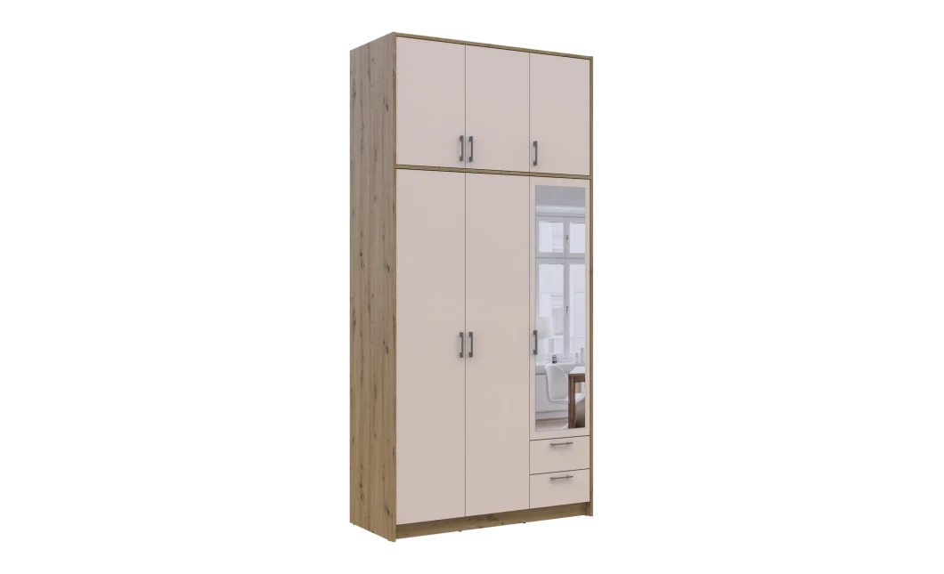Šatní skříň Doros Rondy s vysokou antresolou a zrcadlem Dub Artisan/Kašmír 3 dvere 121×52×260 (42005196)