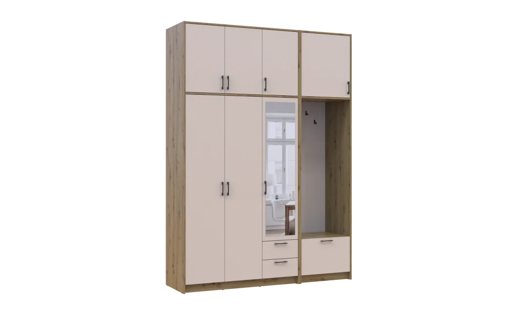 Šatní skříň Doros Rondi s věšákem, zrcadlem a vysokým nástavcem Dub Artisan / Kašmír, 3 dvere 181×52×260 (42005290)