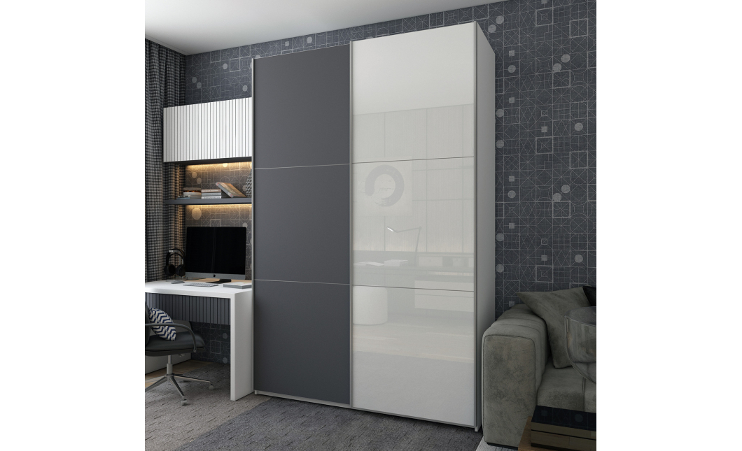 Skříň s posuvnými dveřmi Doros G-Caiser Bílá Grafit/Bílá 1 DTD / 1 sklo / 3 části 180x60x240 (42005094)
