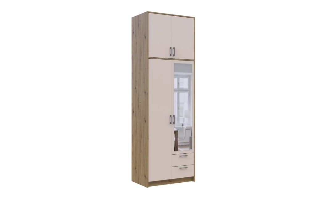 Šatní skříň Doros Rondy s vysokou antresolou a zrcadlem Dub Artisan/Kašmír 2 dvere 82×52×260 (42005195)