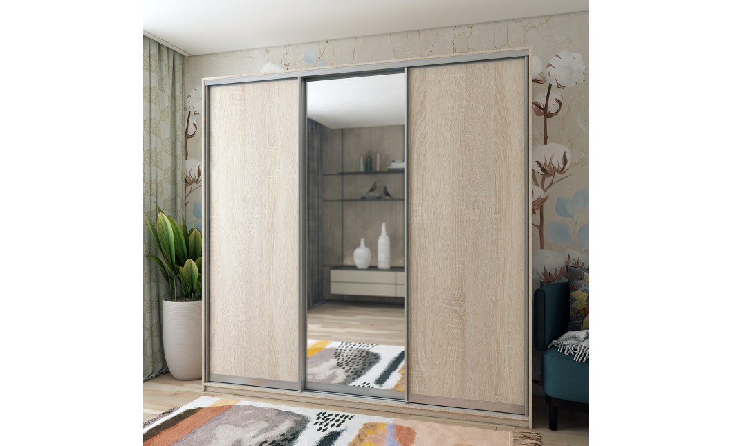 Šatní skříň Doros City Light Dub Sonoma 2 DTD / 1 zrcadlo 225×60×225 (42002135)