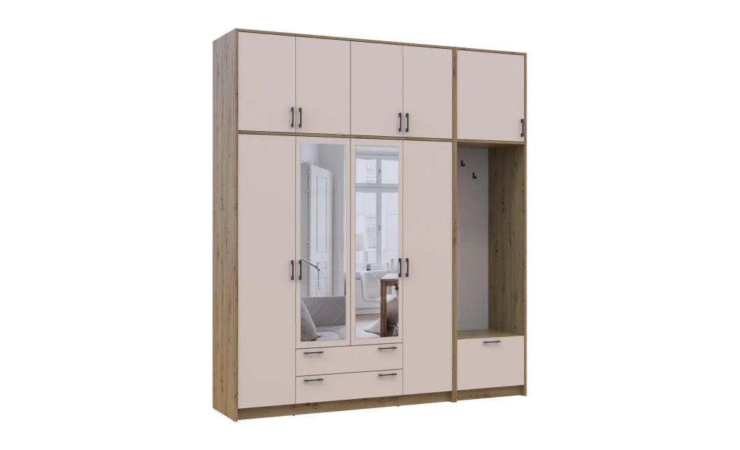 Šatní skříň Doros Rondi s věšákem, zrcadlem a vysokým nástavcem Dub Artisan / Kašmír, 4 dvere 220×52×260 (42005302)