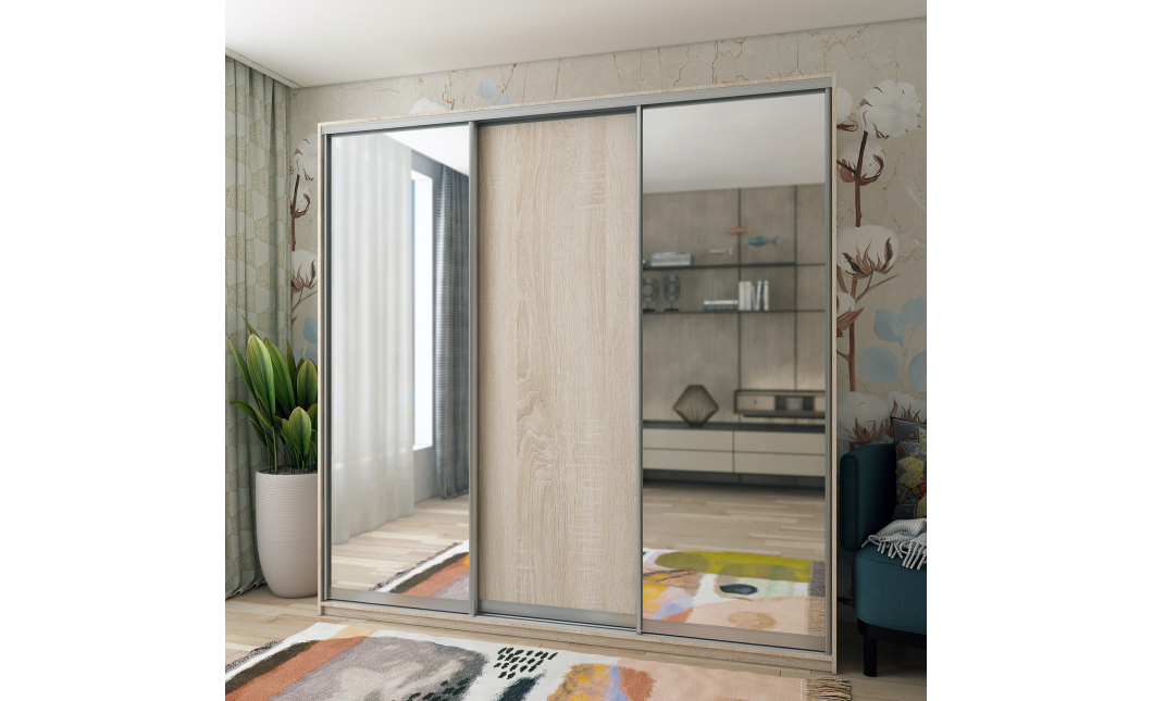 Šatní skříň Doros City Light Dub Sonoma 1 DTD / 2 zrcadla 225×60×225 (42002136)