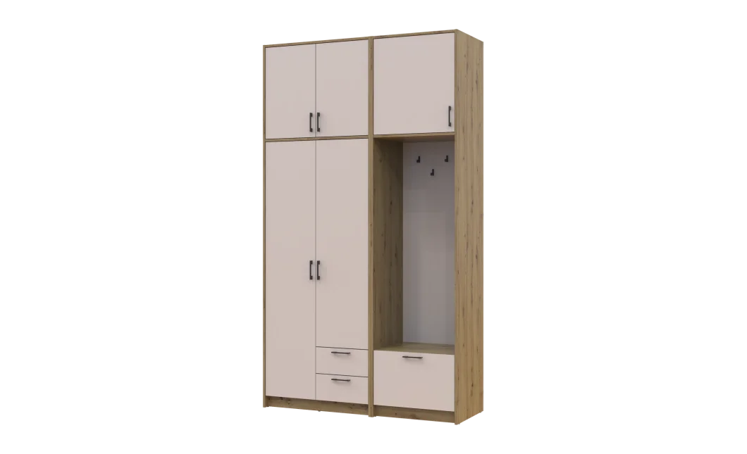 Šatní skříň Doros Rondi s věšákem a vysokým nástavcem Dub Artisan / Kašmír, 2 dvere 142×52×260 (42005276)