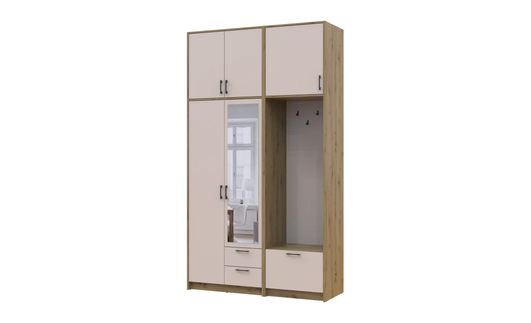 Šatní skříň Doros Rondi s věšákem, zrcadlem a vysokým nástavcem Dub Artisan / Kašmír, 2 dvere 142×52×260 (42005278)