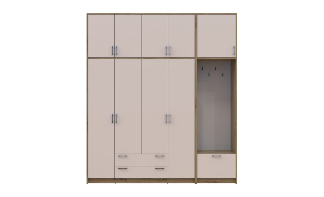 Šatní skříň Doros Rondi s věšákem a vysokým nástavcem Dub Artisan / Kašmír, 4 dvere 220×52×260 (42005300)
