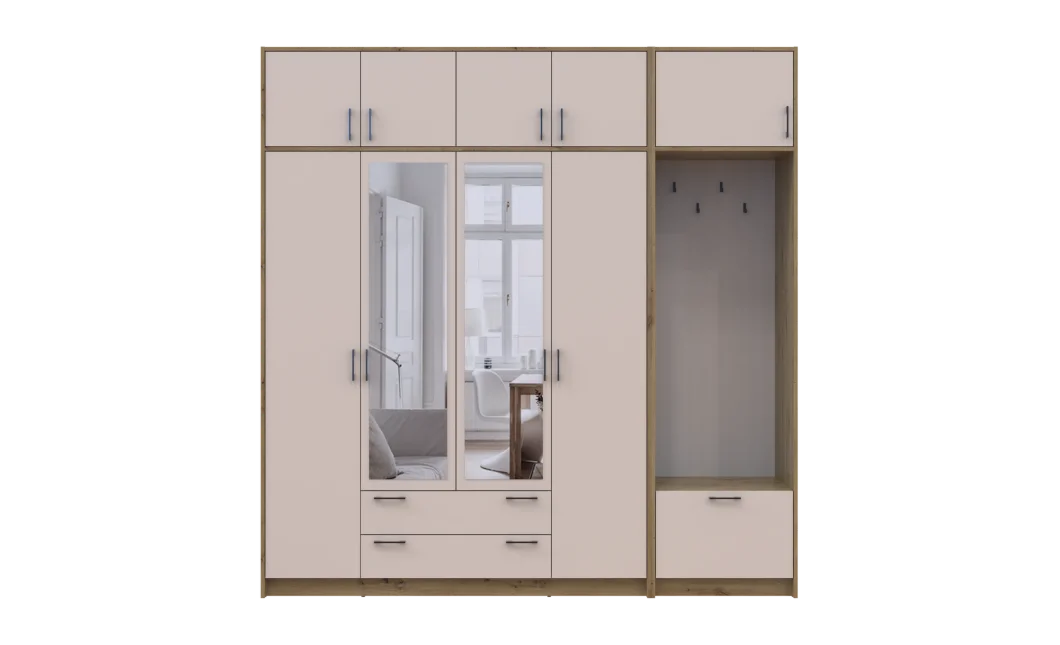 Šatní skříň Doros Rondi s věšákem, zrcadlem a nástavcem Dub Artisan / Kašmír, 4 dvere 220×52×236 (42005298)