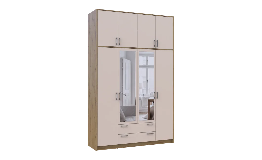 Šatní skříň Doros Rondy s vysokou antresolou a zrcadlem Dub Artisan/Kašmír 4 dvere 160×52×260 (42005197)