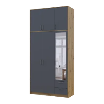 Šatní skříň Doros Rondy s vysokou antresolou a zrcadlem Dub Artisan/Grafit 3 dvere 121×52×260 (42005190)