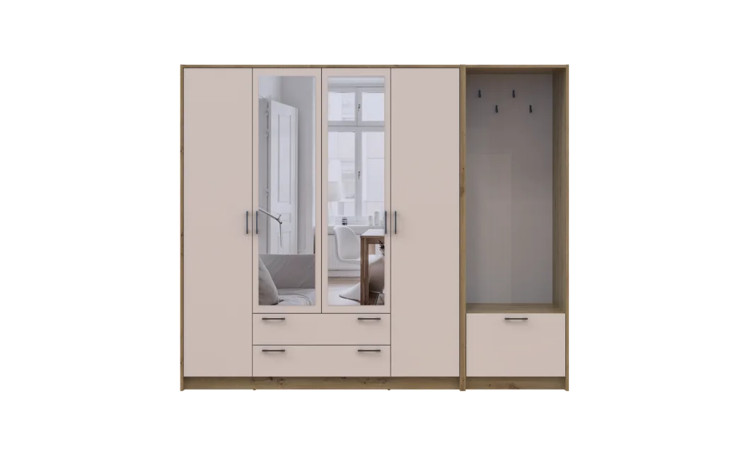 Šatní skříň Doros Rondi s věšákem a zrcadlem Dub Artisan / Kašmír, 4 dvere 220×52×195 (42005294)