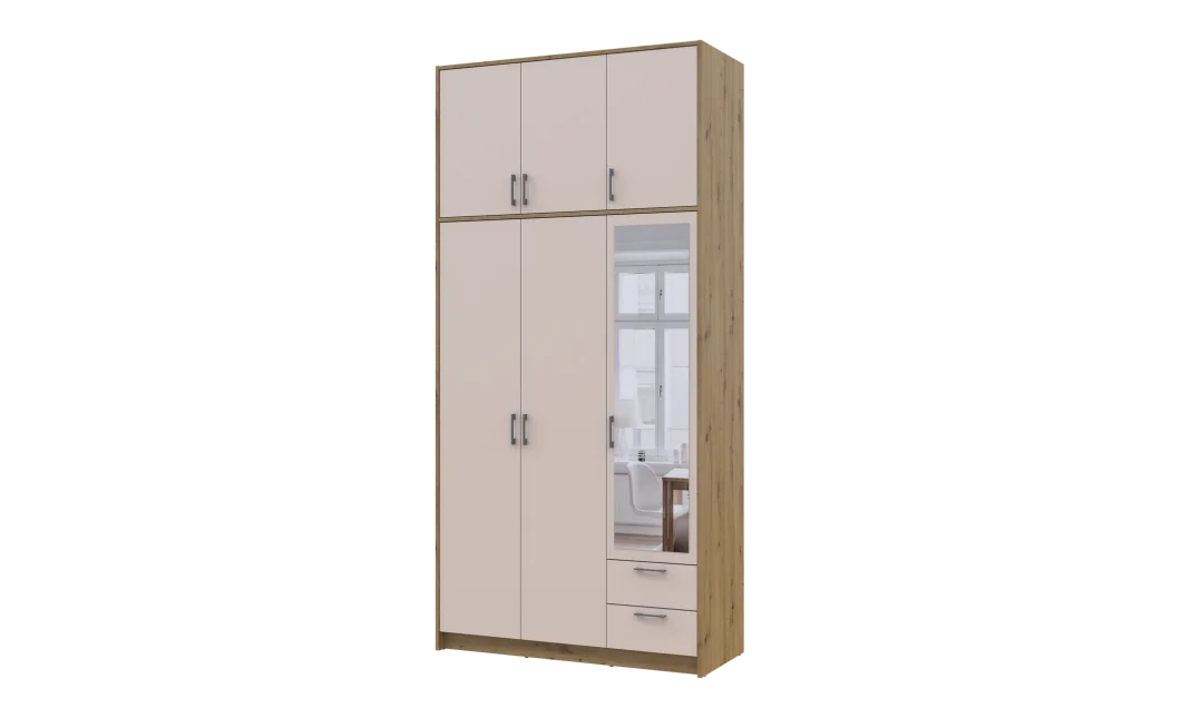 Šatní skříň Doros Rondy s vysokou antresolou a zrcadlem Dub Artisan/Kašmír 3 dvere 121×52×260 (42005196)