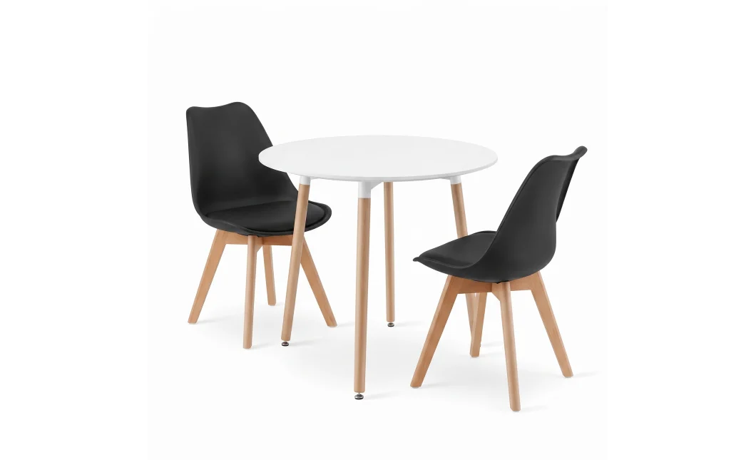 Jedálenský set: stôl KAMI okrúhly 80 cm biely / nohy vo farbe dreva + 2 stoličky MARK čierne (100831339)
