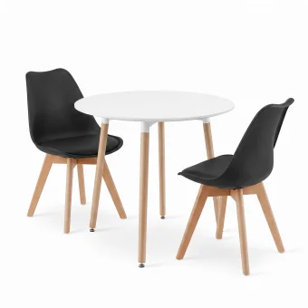 Jedálenský set: stôl KAMI okrúhly 80 cm biely / nohy vo farbe dreva + 2 stoličky MARK čierne (100831339)