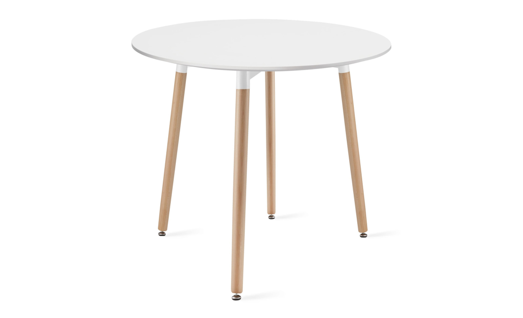 Jedálenský set: stôl KAMI okrúhly 80 cm biely / nohy vo farbe dreva + 4 stoličky MARK sivé (100831317)